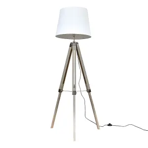 ValueLights Clipper Distressed Wood and Silver Chrome Tripod Floor Lamp with White Tapered Light Shade with 6w LED GLS Bulb