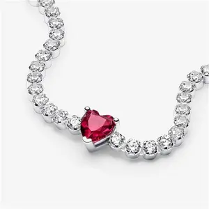 Pandora Red Sparkling Heart Tennis Bracelet - Sterling Silver / Mixed Stone / Red - Sz. 18 cm