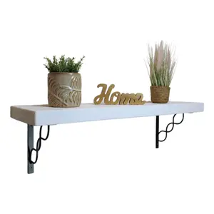 Solid Wood Handmade Rustical Shelf White 225mm 9 inch with Black Metal Bracket WPRP Length of 150cm