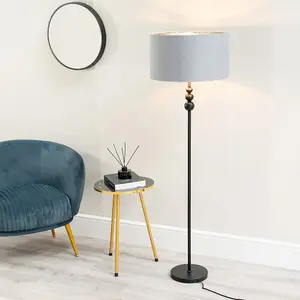 ValueLights Marissa Matt Black Stacked Ball Floor Lamp with Grey/Chrome Shade - LED Bulb Included