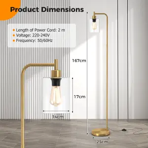 COSTWAY Industrial Floor Lamp Standing Lamp with Hanging Glass Lampshade & Foot Switch Golden