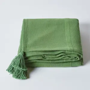 Homescapes Cotton Rajput Ribbed Dark Olive Throw, 255 x 360cm