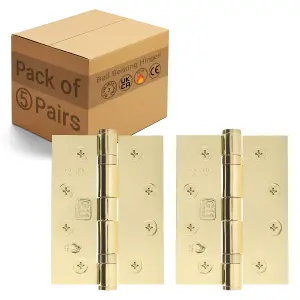 AFIT Polished Brass Door Hinges - 4 Inch / 102mm  Internal Fire Door Hinges - 5 Pairs