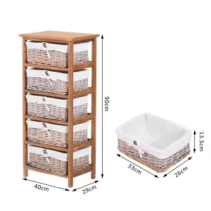 HOMCOM 5 Drawer Wicker Basket Storage Shelf Unit Wooden Frame Home Natural