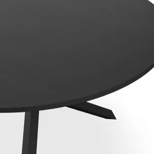 Malvern Round Dining Table And Chairs -  Black Table Top w Solid Oak Black Legs + Monza Faux Leather Dining Chair Set Of 6 (Black)