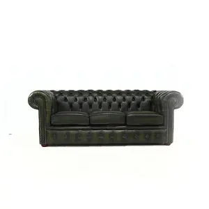 Chesterfield 3 Seater Antiquen Green Real Leather Tufted Buttoned Sofa In Classic Style