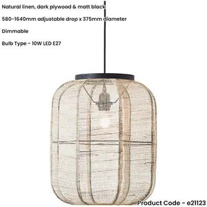 Hanging Ceiling Pendant Light - Medium Natural Linen Dark Plywood & Matt Black - 10W LED E27