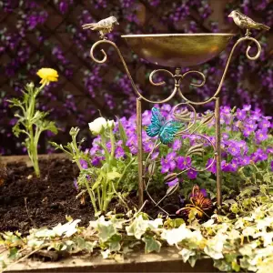 Bronze Effect Bird Bath Feeder Weatherproof Bowl Ground Stake Trellis Flowers