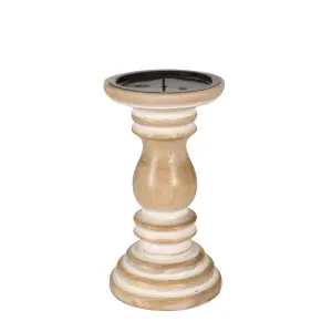 Rustic Antique Carved Wooden Pillar Church Candle Holder Beige, Small 13cm High