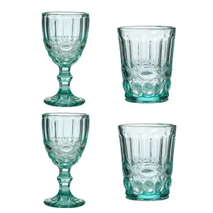 Set of 4 Vintage Luxury Turquoise Wine Glass Wine Goblets & Drinking Glass Tumblers 350ml