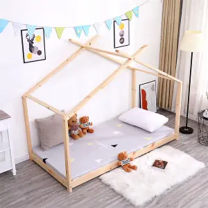 FurnitureHMD Bedroom Furniture Pine Wood Kids Bed House Bed Frame 3FT Toddler Floor Bed Frame Natural,White for Girls Boys