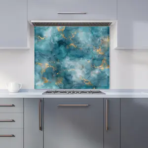 Gold And Blue Marble Effect Premium Glass Kitchen Splashback W600mm x H600mm