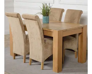 Kuba 150 x 85 cm Chunky Medium Oak Dining Table and 4 Chairs Dining Set with Montana Beige Fabric Chairs