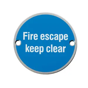 2x Fire Door Keep Clear Sign 64mm Fixing Centres 76mm Dia Satin Steel