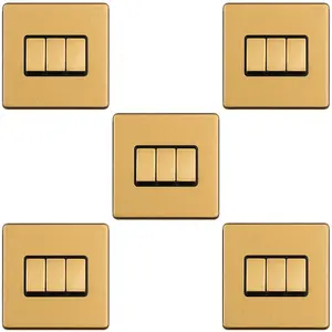 5 PACK 3 Gang Triple Light Switch SCREWLESS SATIN BRASS 2 Way 10A Slim Rocker