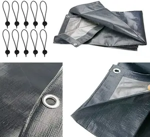 3 x 4 m Tarpaulin Waterproof Heavy Duty Cover Camping Ground Sheet Caravan Furniture Multipurpose 10 Bungee Balls Grey 200 GSM