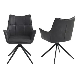 Set of 2 Cara Faux Leather Dining Chairs Black Powder Coated Legs Charcoal