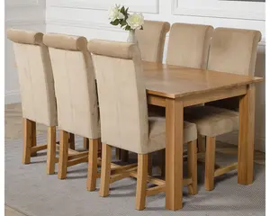 Oslo 180 x 90 cm Large Oak Dining Table and 6 Chairs Dining Set with Washington Beige Fabric Chairs