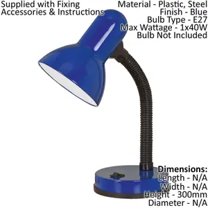 Table Desk Lamp Flexible Moveable Colour Blue Steel Rocker Switch E27 1x40W