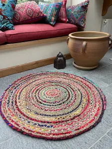 MISHRAN Round Rug Hand Woven with Braids - Jute - L150 x W150 - Multicolour