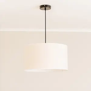 ValueLights Eva Natural Linen Fabric with White Trim Large Drum Light Shade with LED Bulb