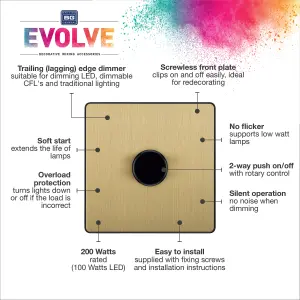 British General profile Single 2 way 200W Screwless Dimmer switch Satin Gold
