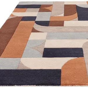 Terracotta Handmade Abstract Geometric Wool 12-14mm Thick Stain-Resistant Rug For Bedroom, & Dining Room-120cm X 170cm