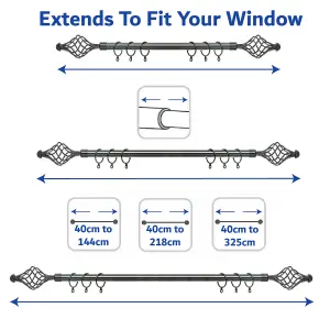 Metal Curtain Pole Set Extendable 40cm to 325cm Chrome Curtain Rail 19mm