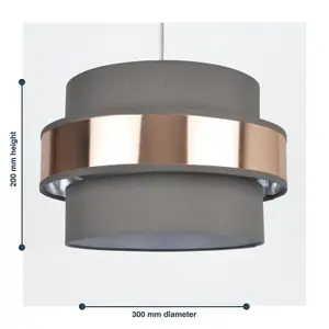 First Choice Lighting Easy Fit 2 Tier Grey Fabric & Brushed Copper Plated Banded Ceiling Shade