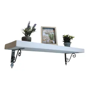 Solid Wood Handmade Rustical Shelf White 145mm 6 inch with Silver Metal Bracket WOZ Length of 210cm