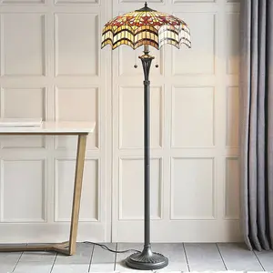 1.5m Tiffany Twin Floor Lamp Dark Bronze & Opulent Stained Glass Shade i00028