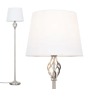 ValueLights Memphis Traditional Style Satin Nickel Barley Twist Floor Lamp with White Tapered Light Shade