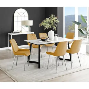 Industrial Design White & Grey Marble Effect Melamine Dining Table Set with 6 Luxury Velvet Chairs Yellow/Silver