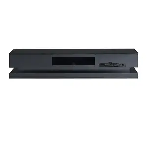 Step TV Stand With Storage for Living Room and Bedroom, 1800 Wide, LED Lighting, Media Storage, Black High Gloss Finish