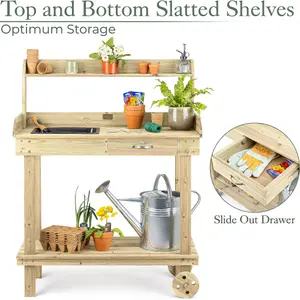 Garden Potting Table Bench Outdoor Wooden Workstation Wheels Tray Christow