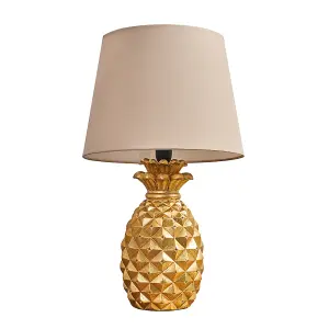 ValueLights Contemporary Pineapple Design Table Lamp In Gold Effect Finish With Beige Shade LED Golfball Bulbs 3000K Warm White