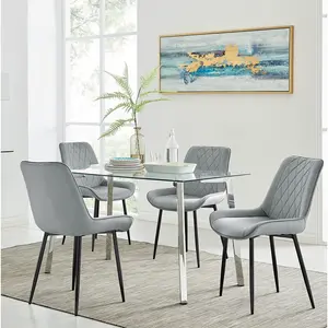 Cosmic Luxury Glass and Chrome Dining Table Set with 4 Luxury Velvet Dining Chairs Grey/Black