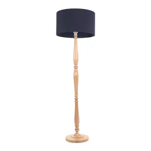 ValueLights Victoria Traditional Light Wood Candlestick Floor Lamp with Navy Blue Drum Shade - LED Bulb Included