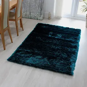 Dark Teal Super Soft Shaggy Handmade Modern Plain Sparkle Easy to Clean Rug For Dining Room Bedroom Living Room-140cm X 200cm