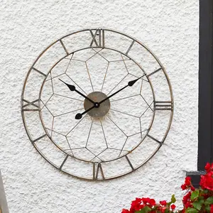 London Indoor or Outdoor Wall Clock - Battery Powered Weather Resistant Round Metal Roman Numeral Quartz Skeleton Clock - 60cm Dia