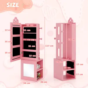 COSTWAY 117CM Standing Kids Jewelry Armoire Jewelry Storage Organizer with Dress-up Mirror