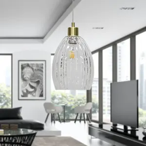 First Choice Lighting Set of 2 Birch Clear Fluted Glass with Satin Brass Pendant Fittings