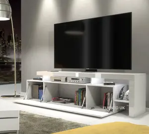 Furneo White TV Stand 186cm Unit Matt & High Gloss Indisio01 White LED Lights