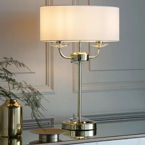 Twin Light Table Lamp 2 Bulb Brass & White Shade Crystal Trim Bedside Feature