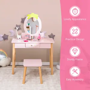 Costway 2-in-1 Kids Vanity Set Children Wooden Vanity Set w/ Stool Mirror & Drawer