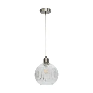 First Choice Lighting Betchley Clear Ribbed Glass Globe with Satin Nickel Pendant Fitting