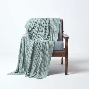 Homescapes Cotton Cable Knit Throw Duck Egg Blue, 150 x 200 cm