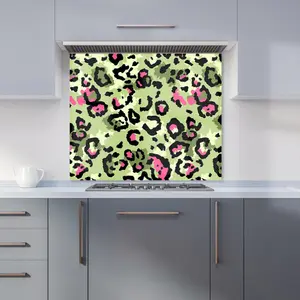 Green And Pink Leopard Print Premium Glass Kitchen Splashback W700mm x H650mm