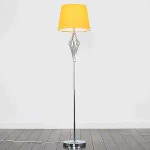 ValueLights Jaspa Polished Chrome Metal Wire Geometric Diamond Design Floor Lamp with Mustard Shade