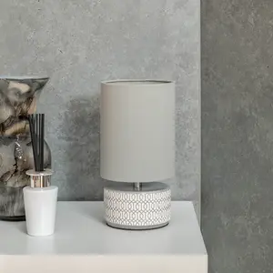 ValueLights Kaia Grey and White Etched Ceramic Table Lamp with a Fabric Lampshade Bedside Light - Bulb Included